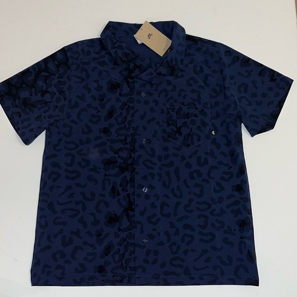 Nike SB Bowler Button Up Skate Shirt Blue Cheetah Print mens S  unisex NWT $85